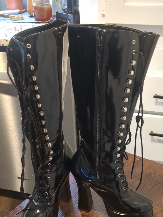 Glossy Black Lace-Up Platform Boots - Picture 5 of 13